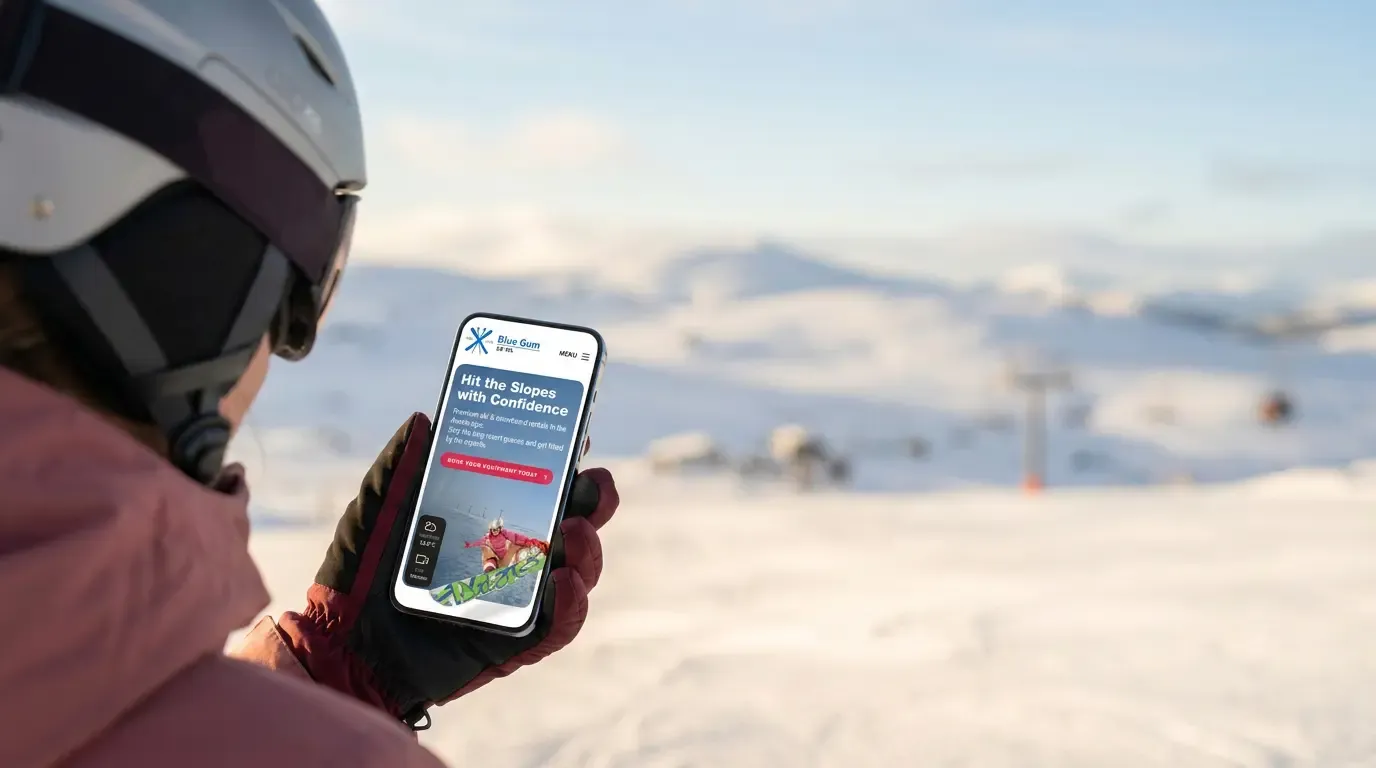 A skier checking the new Blue Gum Ski Co. website on her phone on the slopes